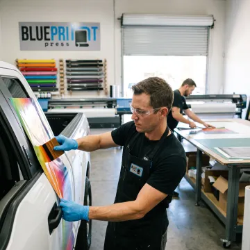 Technician applying vinyl graphics to a branded truck
