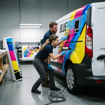 Branded company van with a custom vinyl wrap