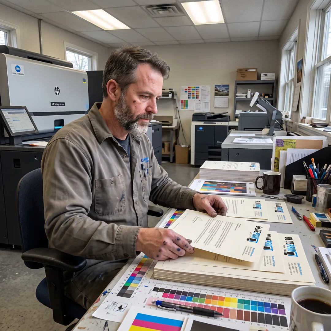 Designer reviewing custom letterhead proofs