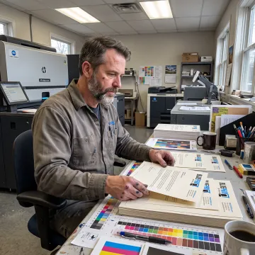 Designer reviewing custom letterhead proofs