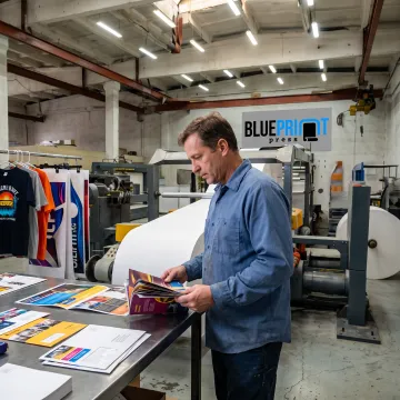 Print specialist reviewing colorful promotional materials
