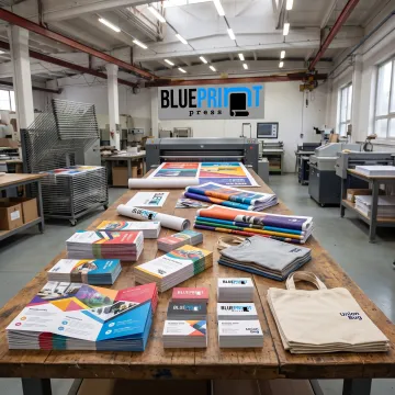 Colorful printed marketing materials arranged on a desk