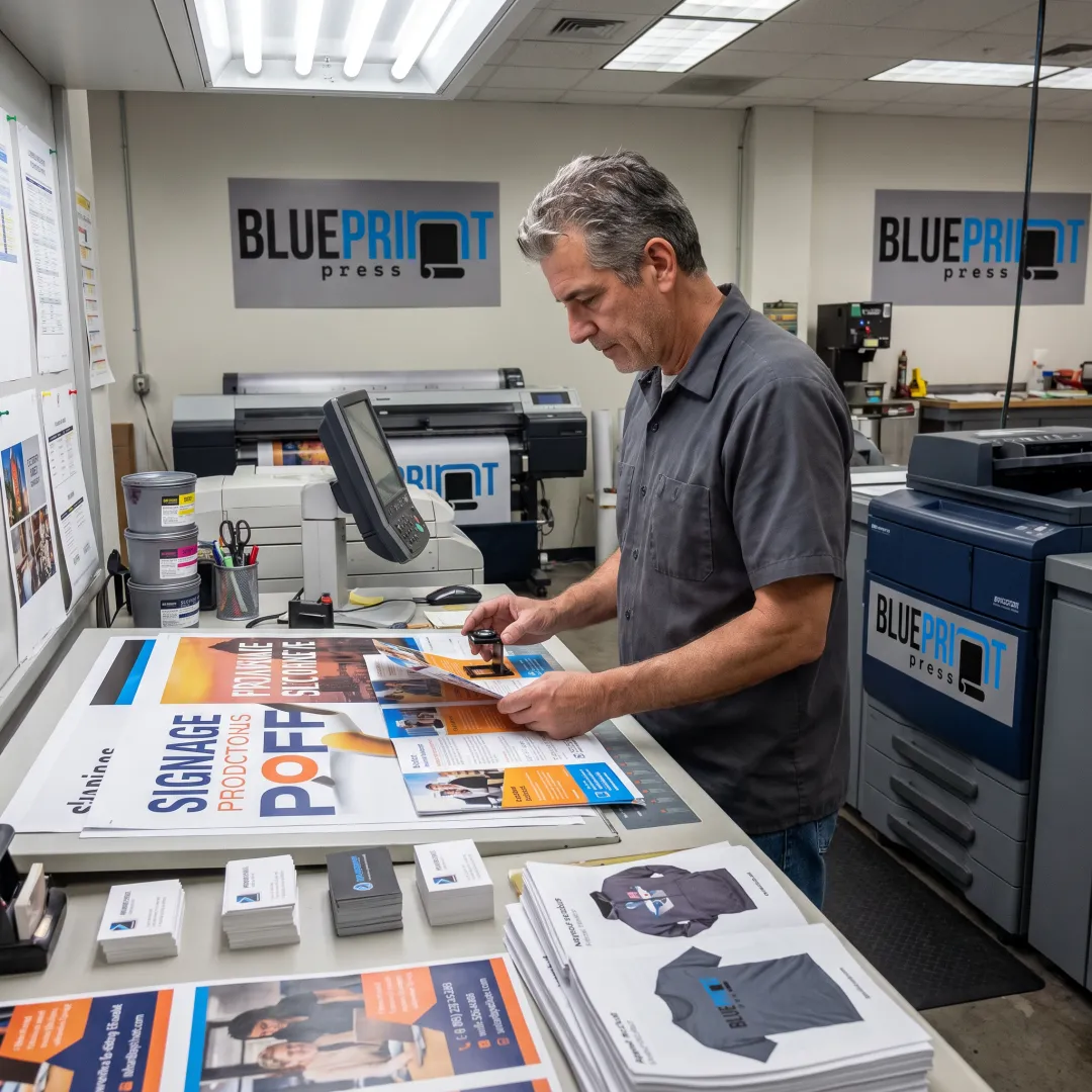 Print specialist reviewing branded materials