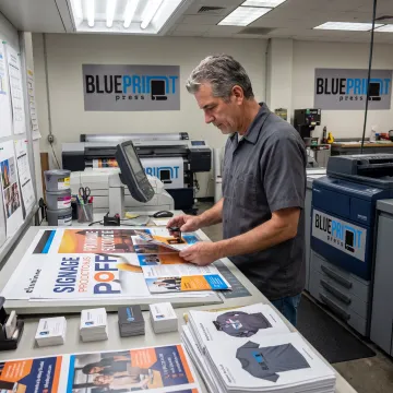 Print specialist reviewing branded materials
