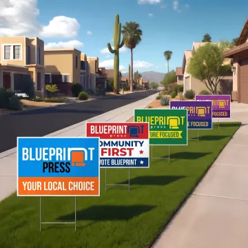 Colorful custom yard signs displayed outdoors