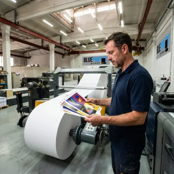 Print specialist reviewing colorful cardstock sign proofs