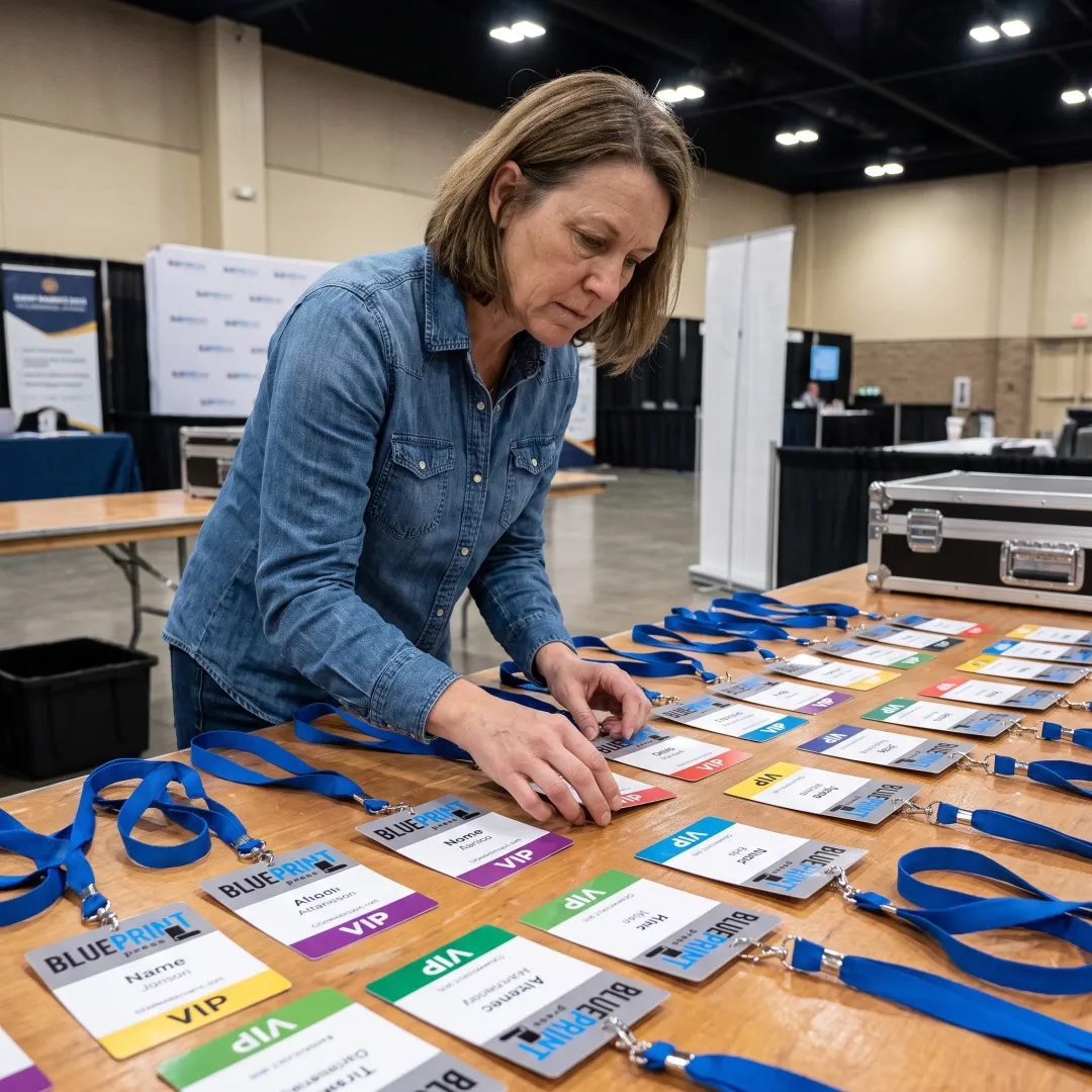 Event organizer reviewing custom branded name badges