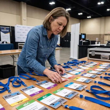 Event organizer reviewing custom branded name badges