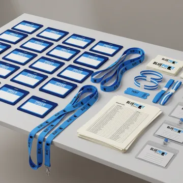 Branded VIP name tags and lanyards arranged for an event
