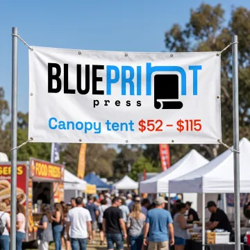 Colorful custom vinyl banner at an outdoor event