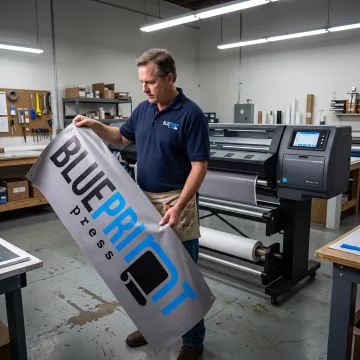 Designer reviewing a custom vinyl banner