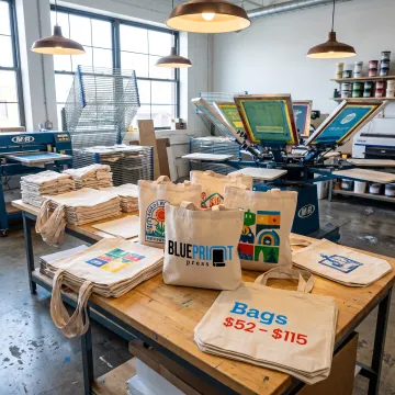 Custom printed tote bags with colorful branding