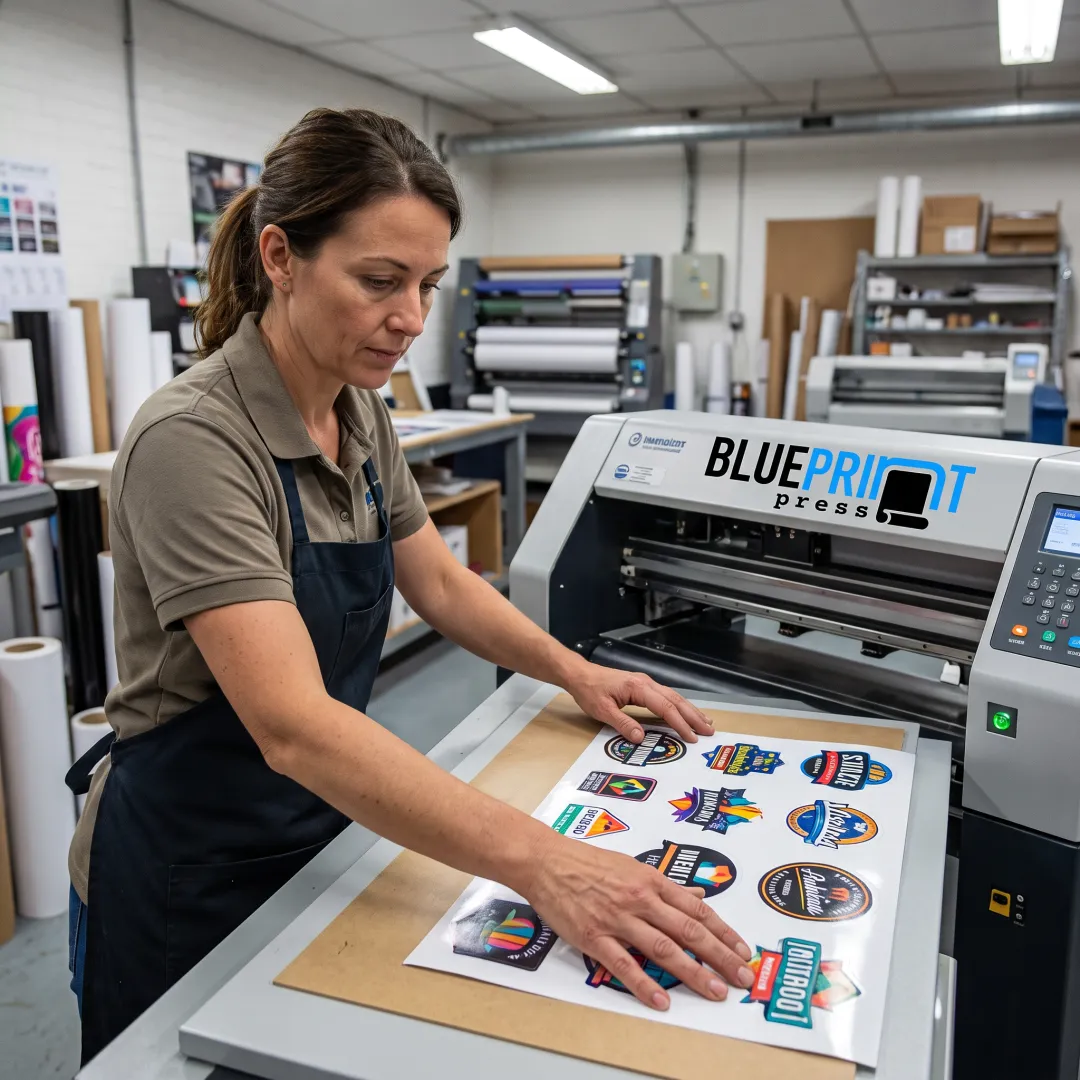 Printer preparing custom vinyl logo transfer stickers