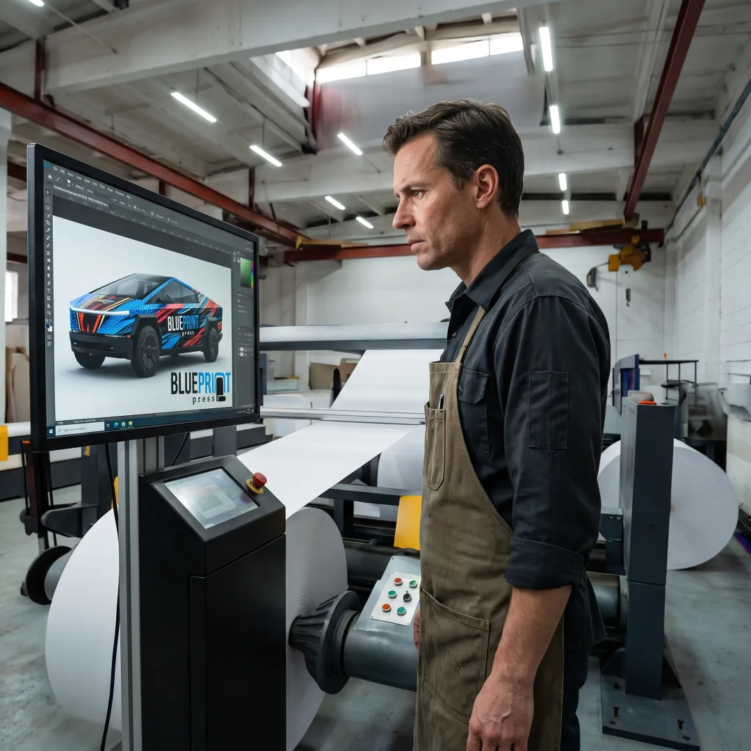 Designer preparing Cybertruck vinyl wrap artwork