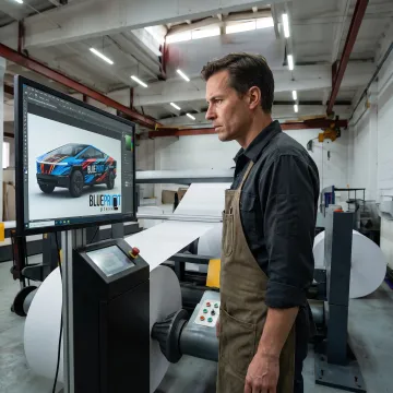 Designer preparing Cybertruck vinyl wrap artwork