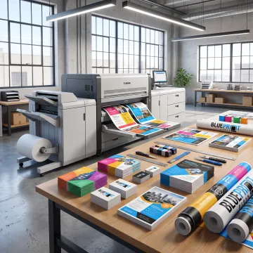 Vibrant printed business materials arranged on a worktable