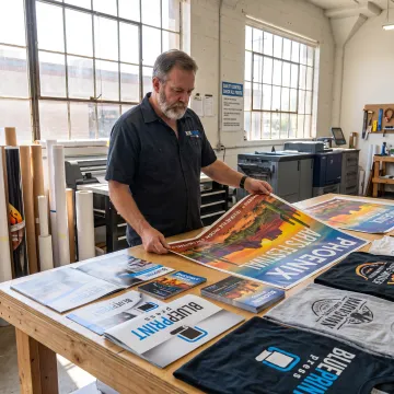 Digital printing professional reviewing colorful printed materials