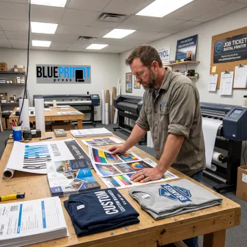 Print specialist reviewing colorful materials