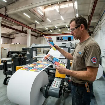Print specialist checking vibrant flyers
