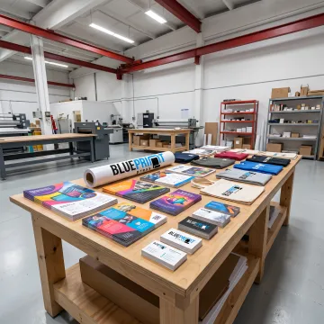 Colorful printed business materials on a production table