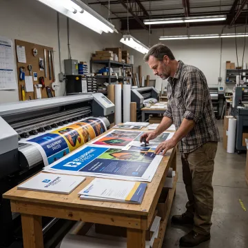 Print specialist reviewing colorful large-format graphics