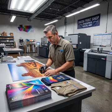 Print specialist reviewing colorful marketing materials