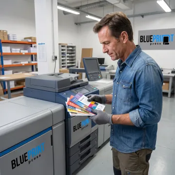 Print professional reviewing freshly printed marketing materials