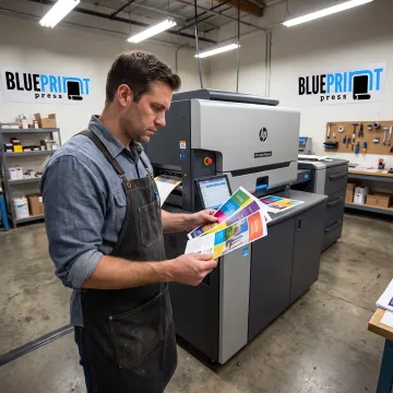 Print specialist reviewing colorful marketing proofs
