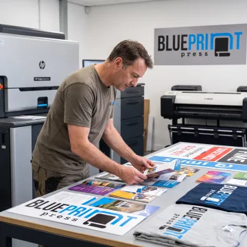 Print professional reviewing colorful marketing materials