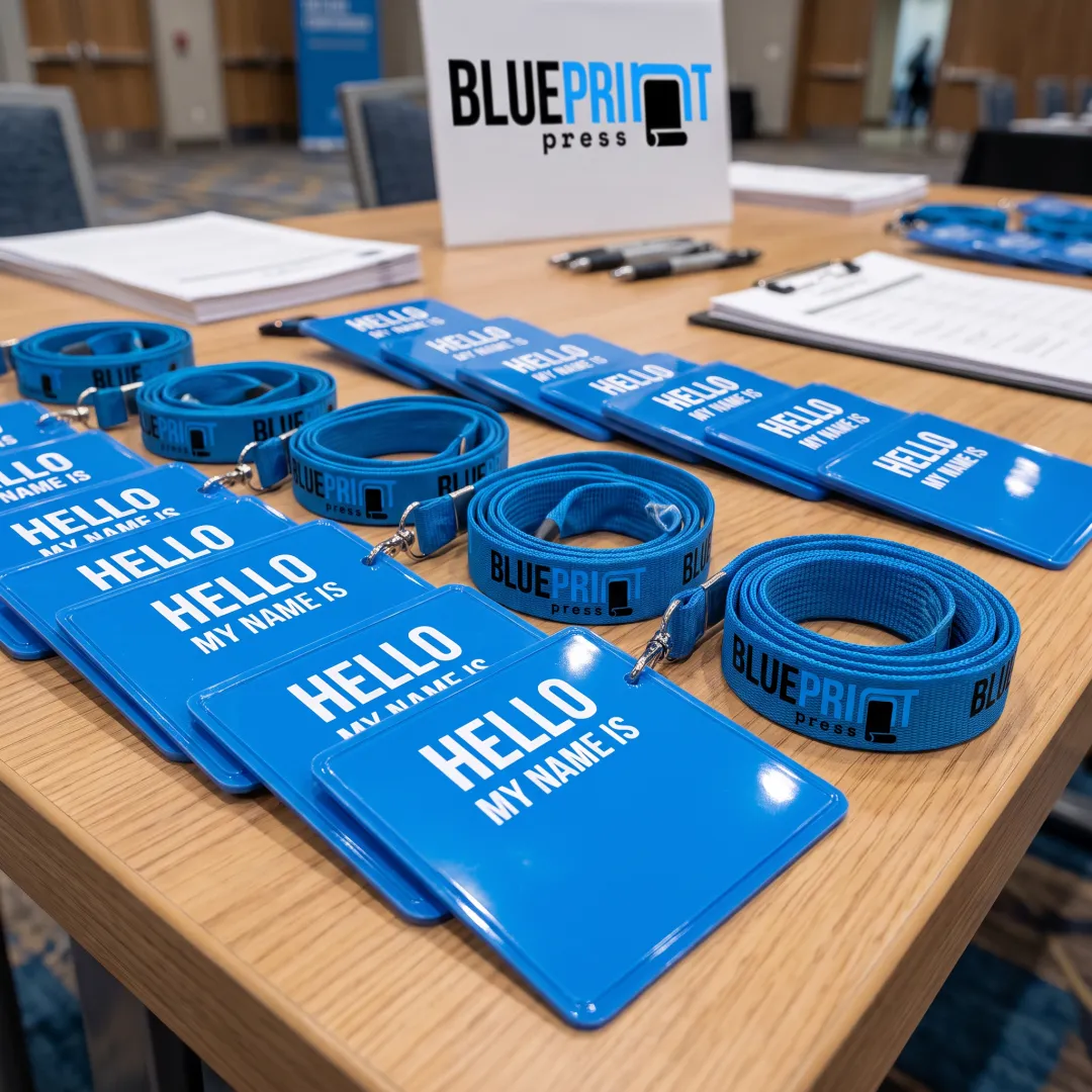 Printed name tags and branded lanyards