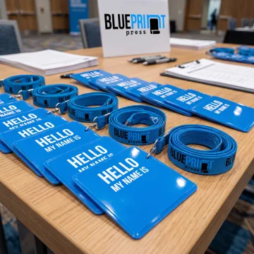 Printed name tags and branded lanyards