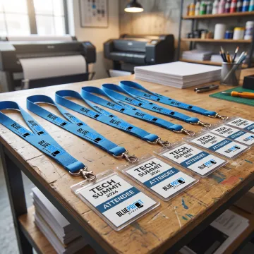Custom branded lanyards displayed with event badges