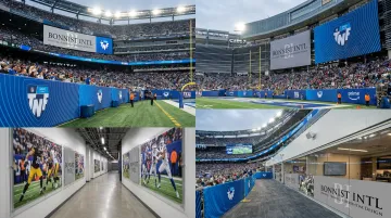 Wide format printed sports venue graphics including barrier covers and acrylic corridor panels