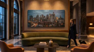 Large canvas print artwork installed in hotel lobby hospitality environment warm lighting