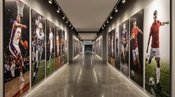 Gallery-style branded corridor with large-scale sports photography panels on walls