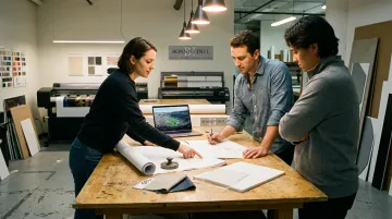 Experienced fabrication team reviewing large-format exhibition design plans in production facility
