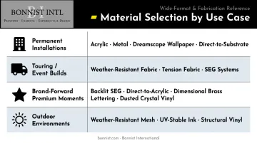 Experiential exhibition materials comparison chart by use case and application environment