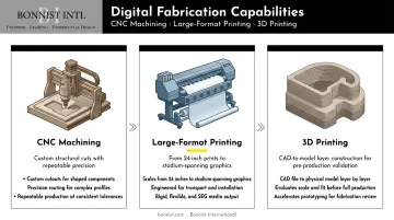 Three digital fabrication tools CNC machining large-format printing and 3D printing process overview