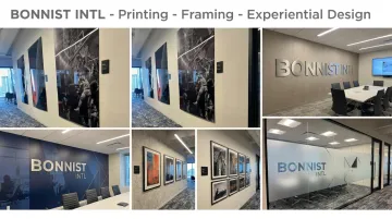 Bonnist International branded corporate office wall graphics and dimensional signage installations