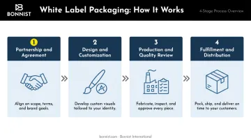 Four-stage white label packaging process flow from agreement to fulfillment