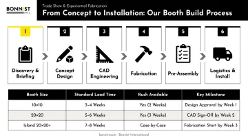 6-step trade show booth fabrication process timeline with lead times by booth size