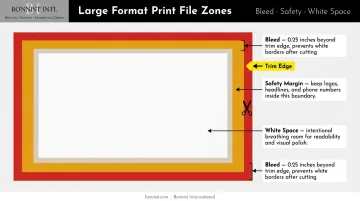 Large format print bleed safety margin and white space diagram with measurements
