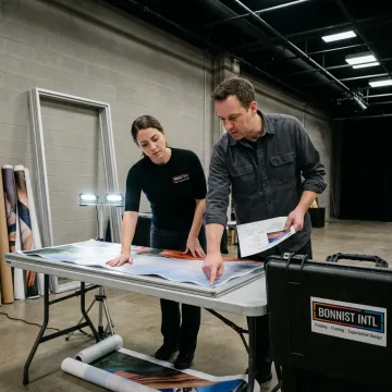 Event production team reviewing branded displays