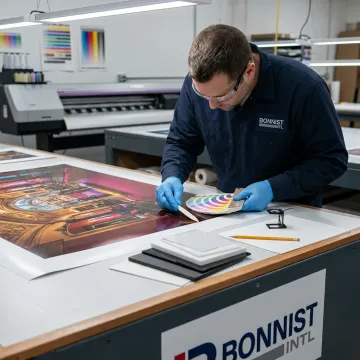 Technician reviewing large format photo prints in a production studio