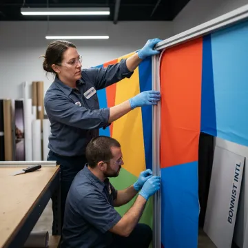 Team preparing a custom tension fabric display