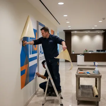 Custom wall graphic installation in branded office