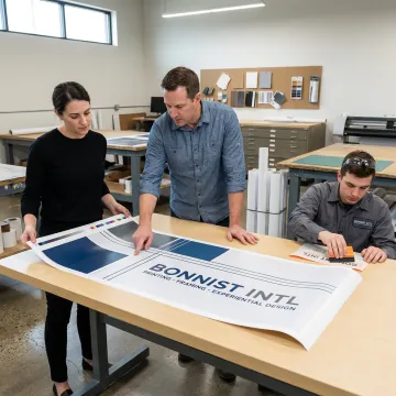 Team preparing custom wall decals for installation