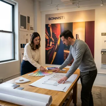 Designers reviewing large-format branding graphics