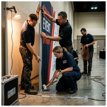 Design team installing branded event graphics