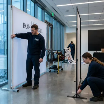 Team installing branded event graphics